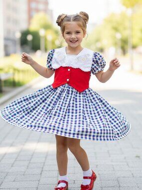 Vintage Shen Shen Fit & Flare Checkered Dress Embroidered Peter Pan Neck RARE